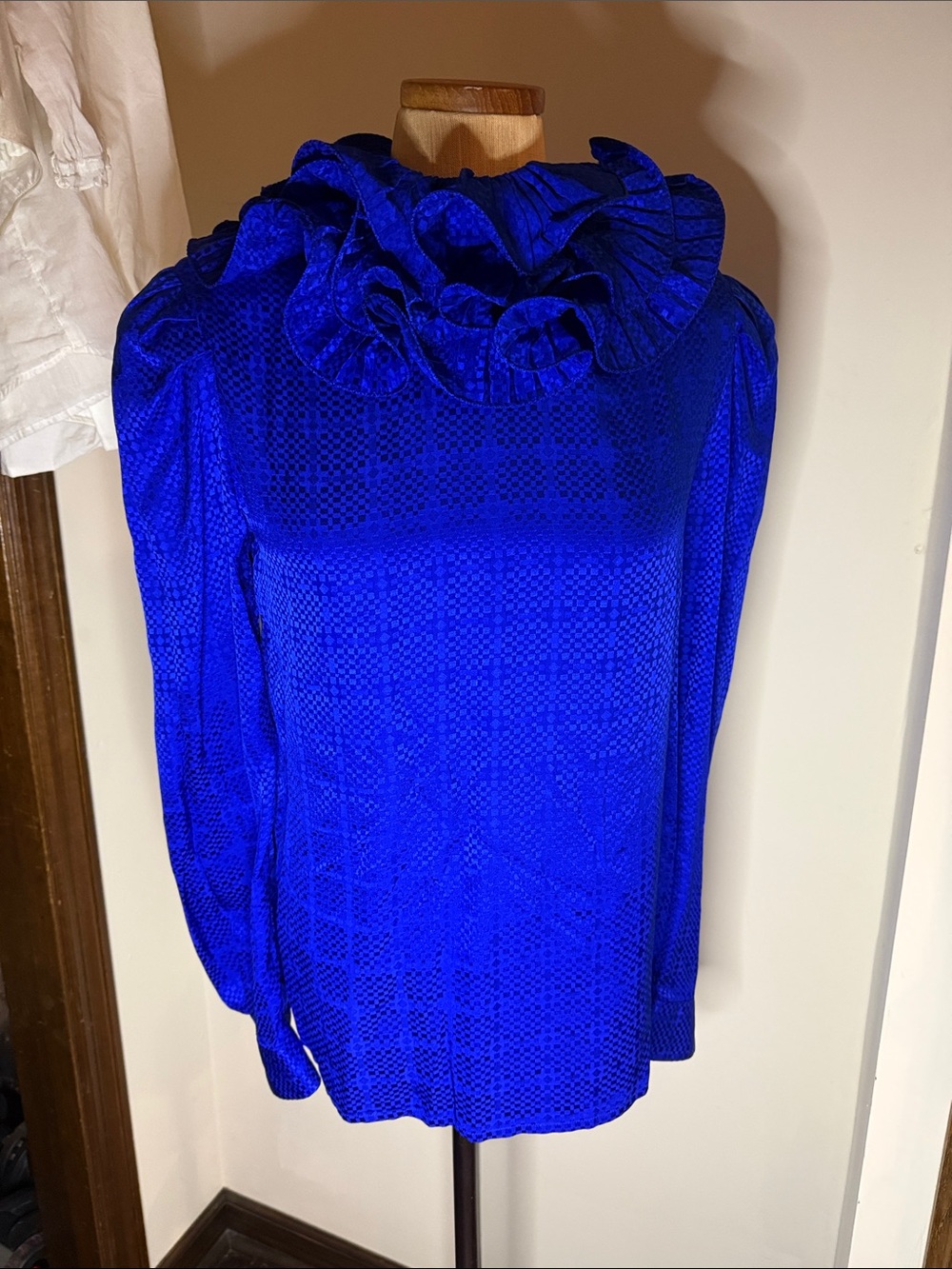 Ruffled High-Neck Long Sleeve Top in Royal Blue